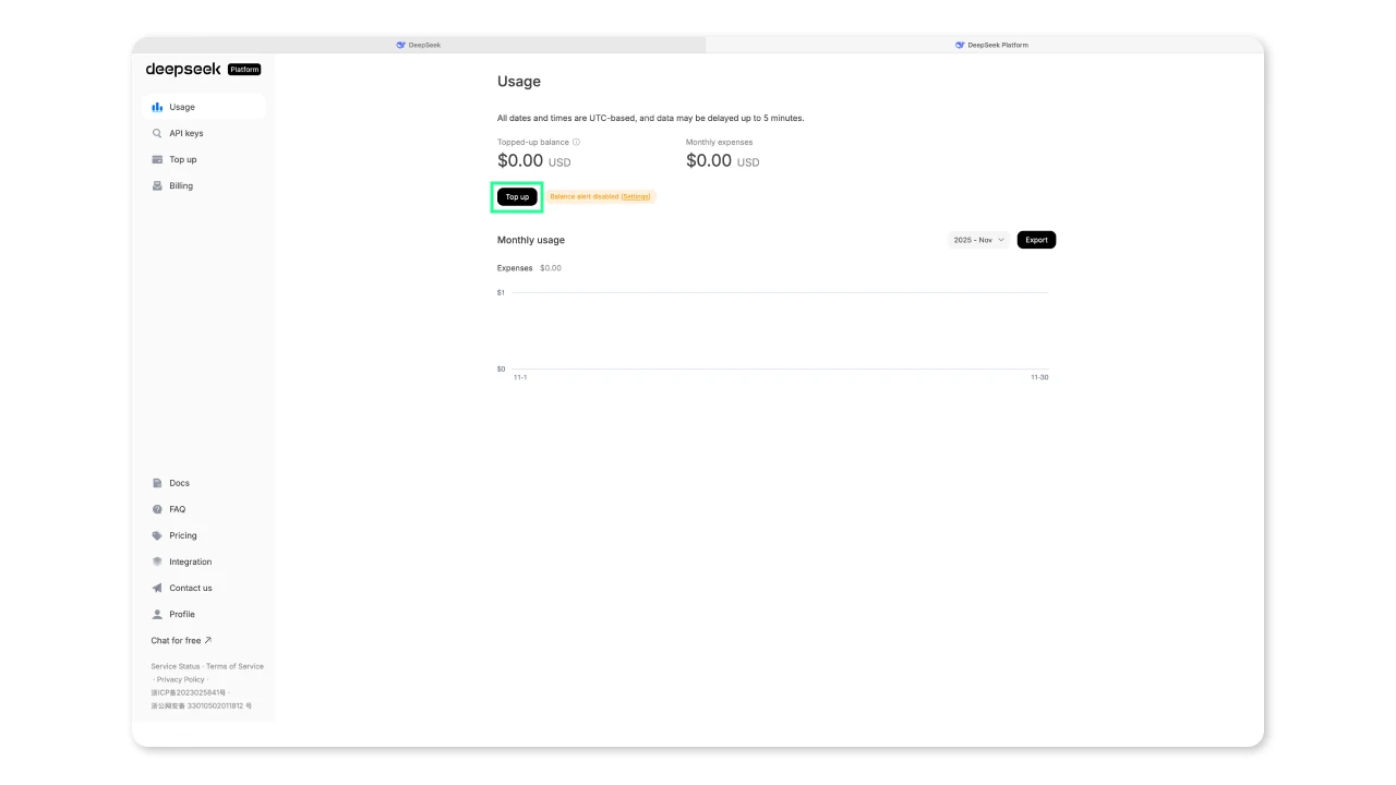 Кнопка Top-Up в личном кабинете DeepSeek