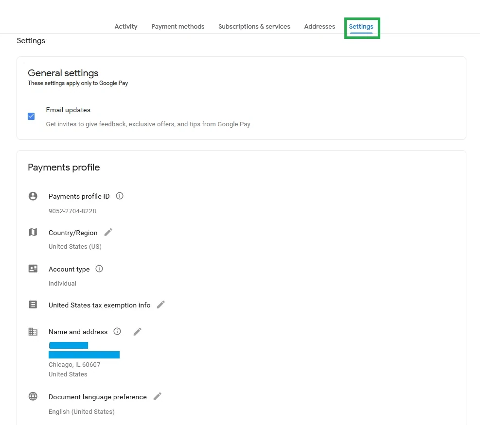Раздел «Настройки» платёжного профиля Google — проверка биллинга