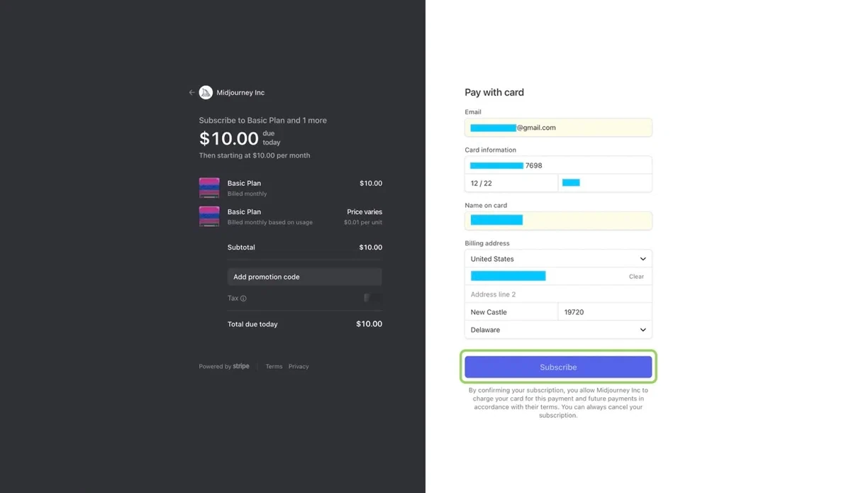 Форма оплаты подписки Midjourney с полями для данных карты