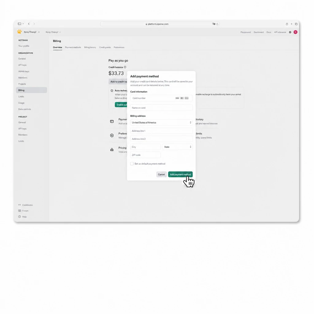 Вкладка Billing в OpenAI — кнопка Add to credit balance