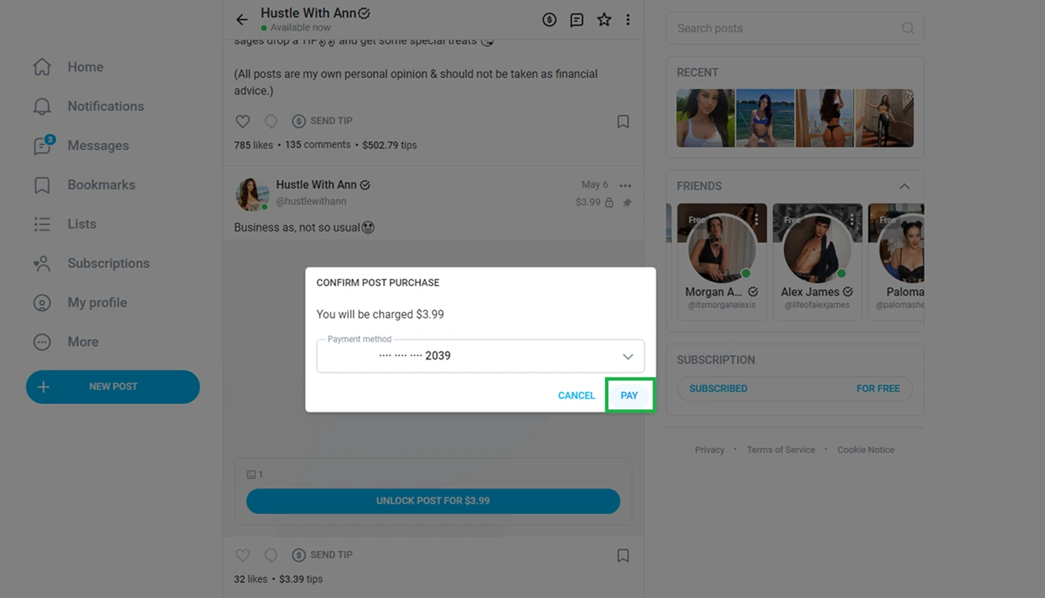 Кнопка Pay при оплате контента на OnlyFans