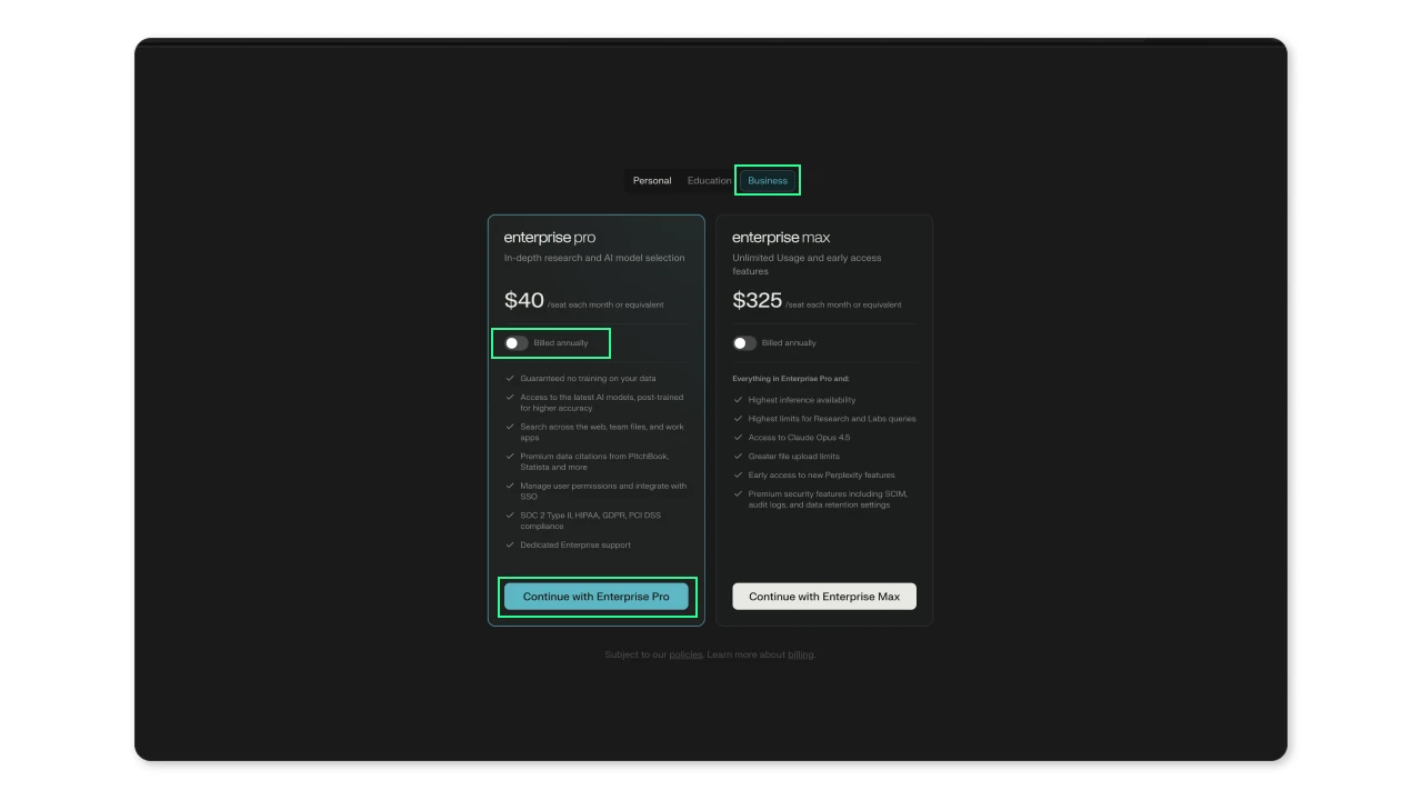 Страница тарифов Perplexity (вкладка Business): Enterprise Pro $40/место и Enterprise Max $325/место, кнопка Continue with Enterprise Pro выделена