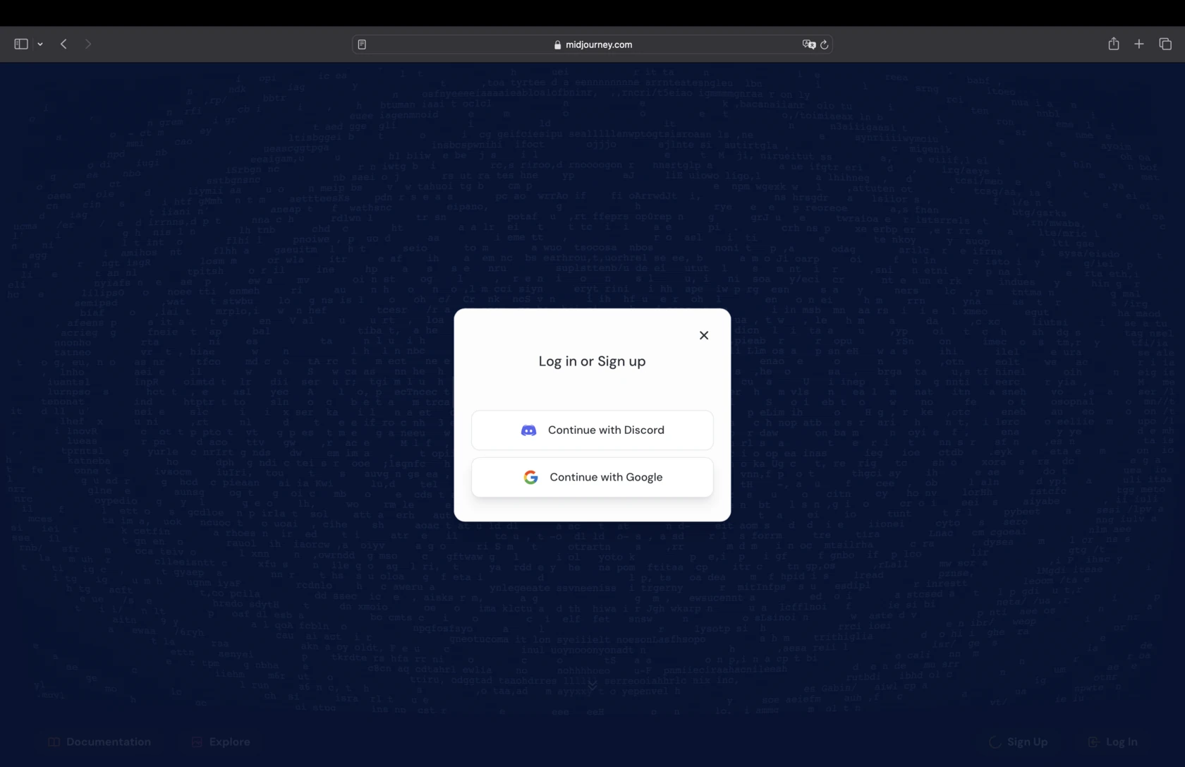 Экран регистрации Midjourney с вариантами авторизации