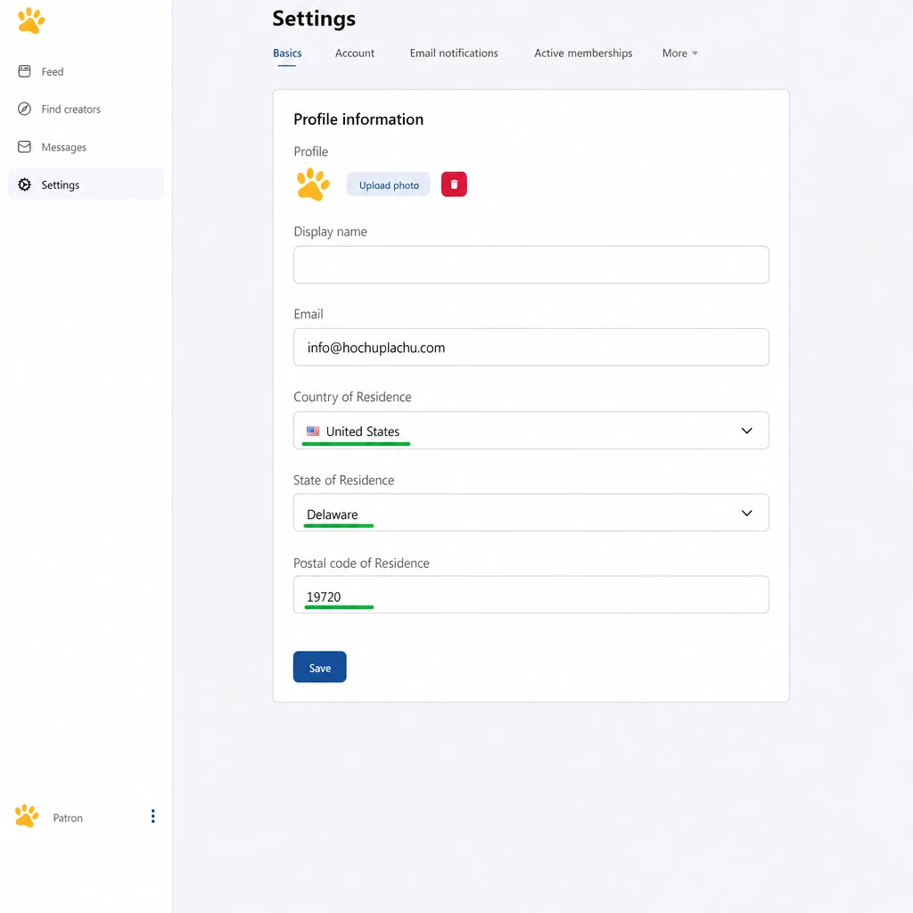 Выбор региона подписки в Patreon — США