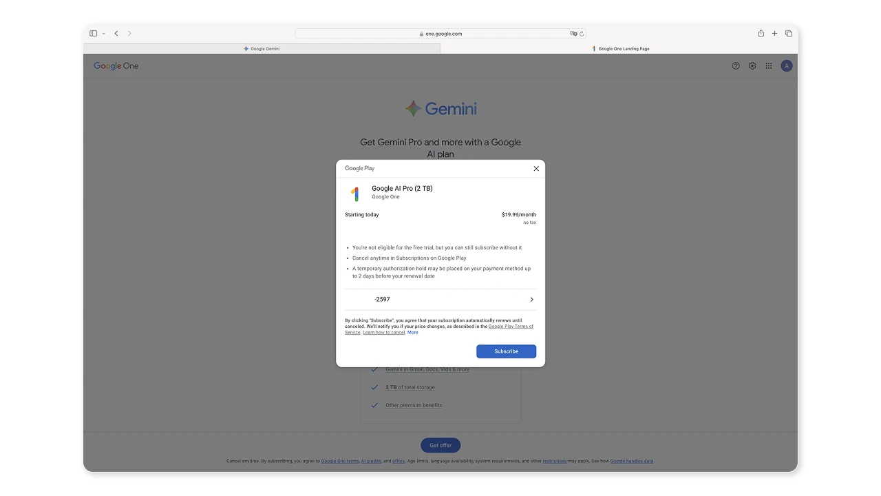 Подтверждение активации подписки Gemini AI Pro