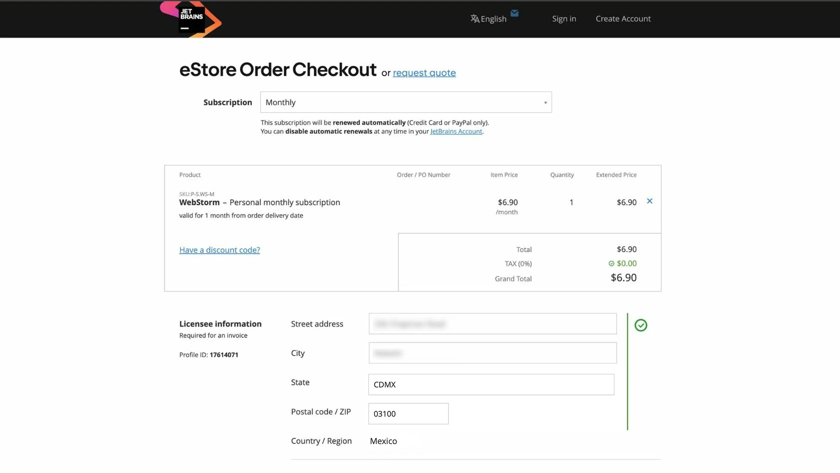 Страница оплаты JetBrains WebStorm — форма с реквизитами карты и billing address