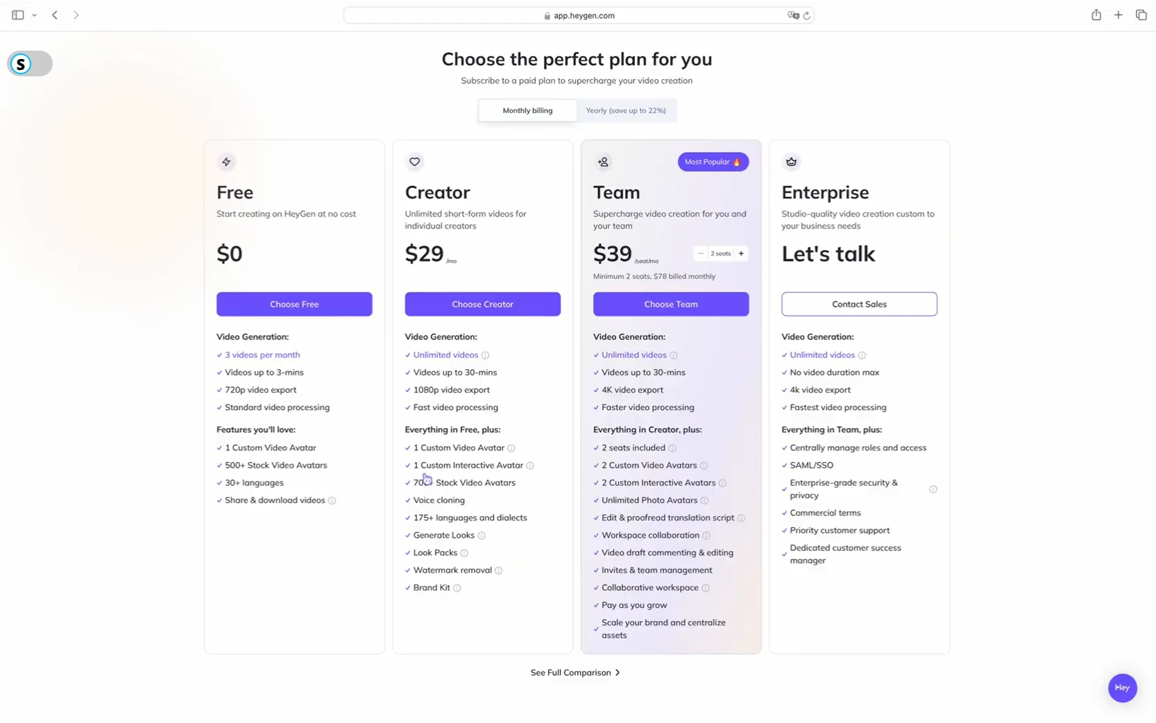 Страница выбора тарифа HeyGen — тариф Creator за $29