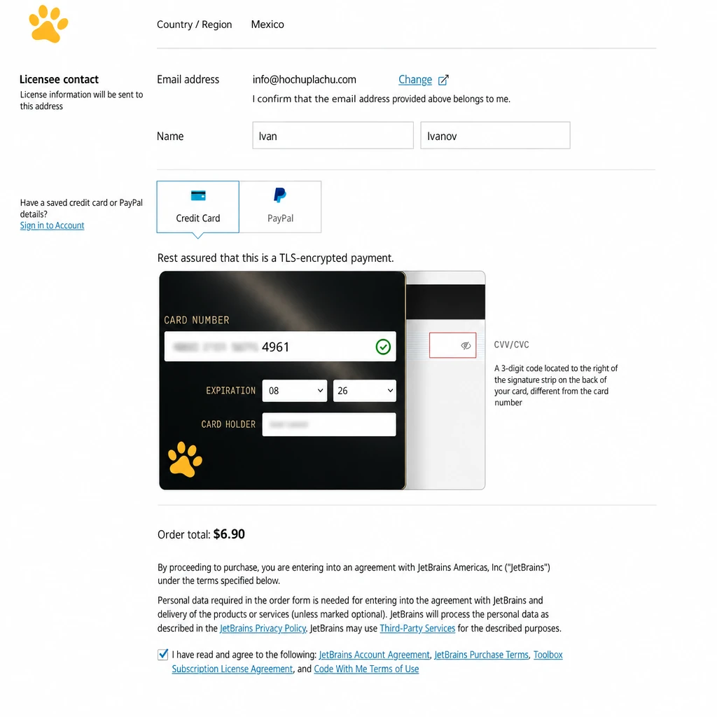 Форма JetBrains с данными карты Хочу Плачу! и billing address — перед подтверждением оплаты