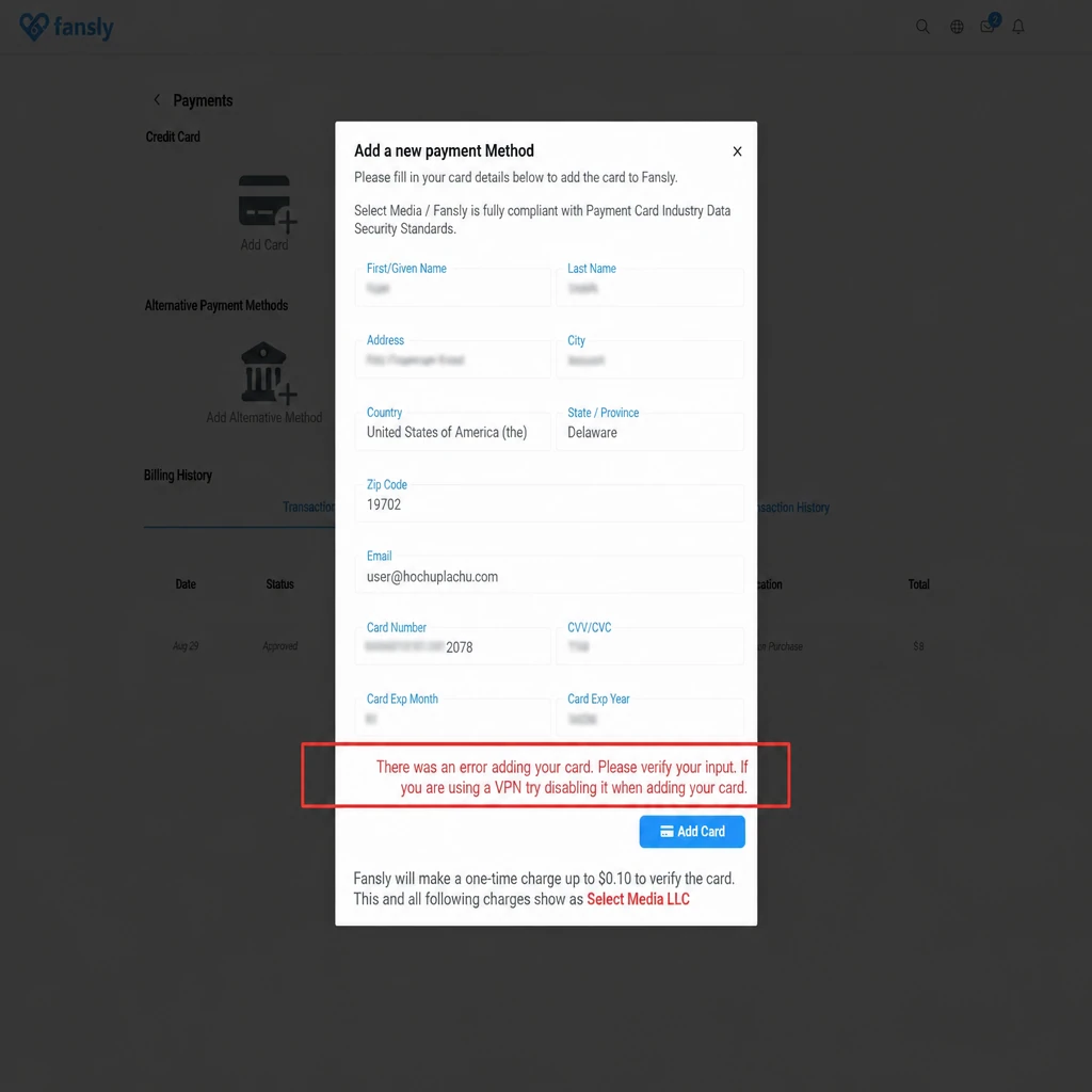 Сообщение об ошибке при добавлении карты на Fansly из-за VPN