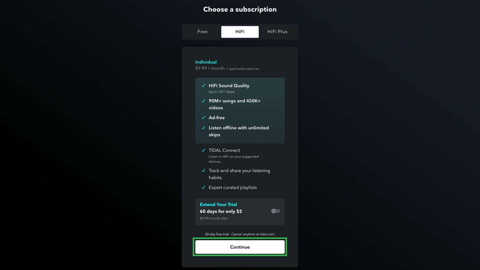 Варианты тарифных планов Tidal HiFi