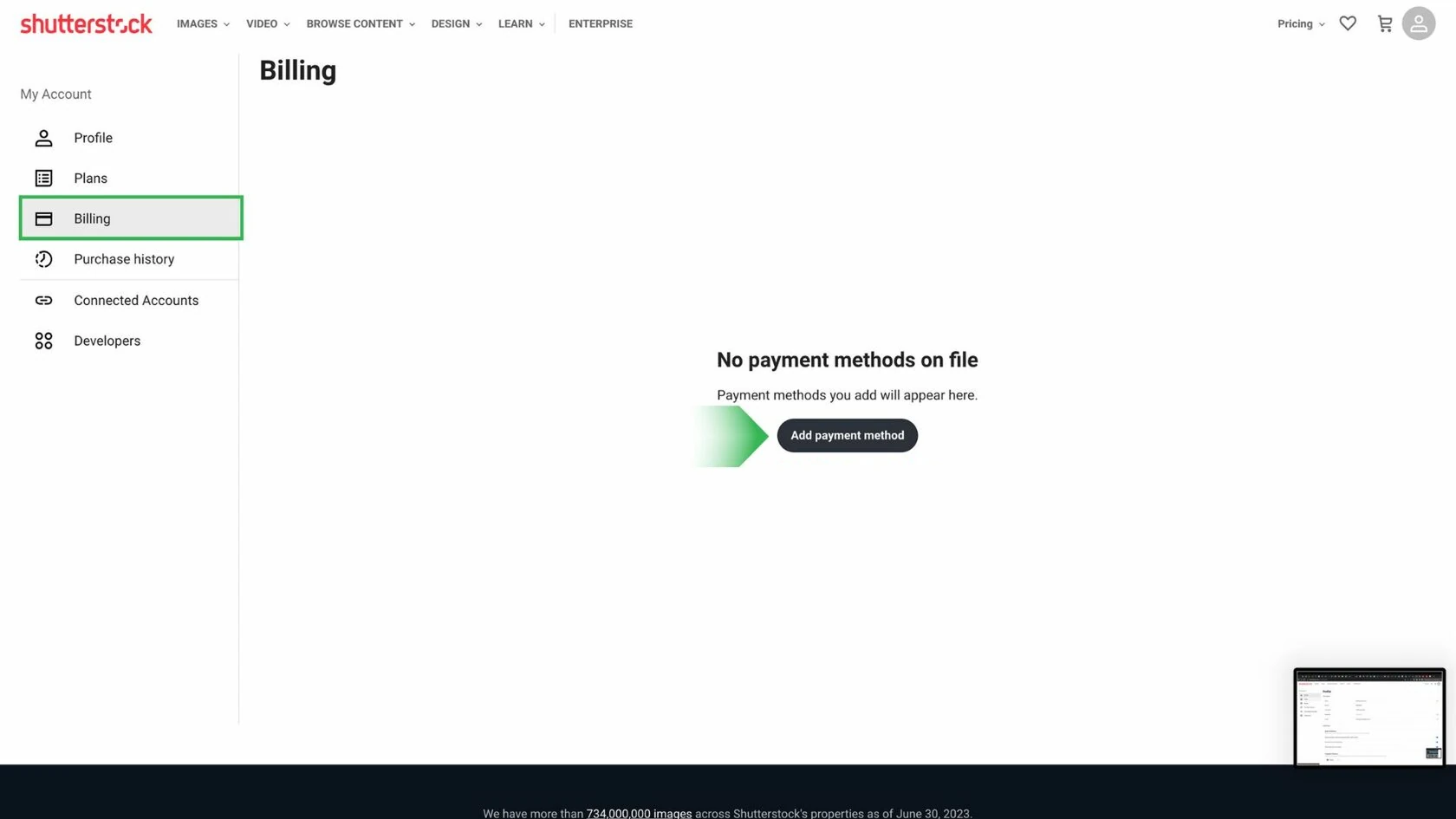 Раздел Billing в настройках Shutterstock