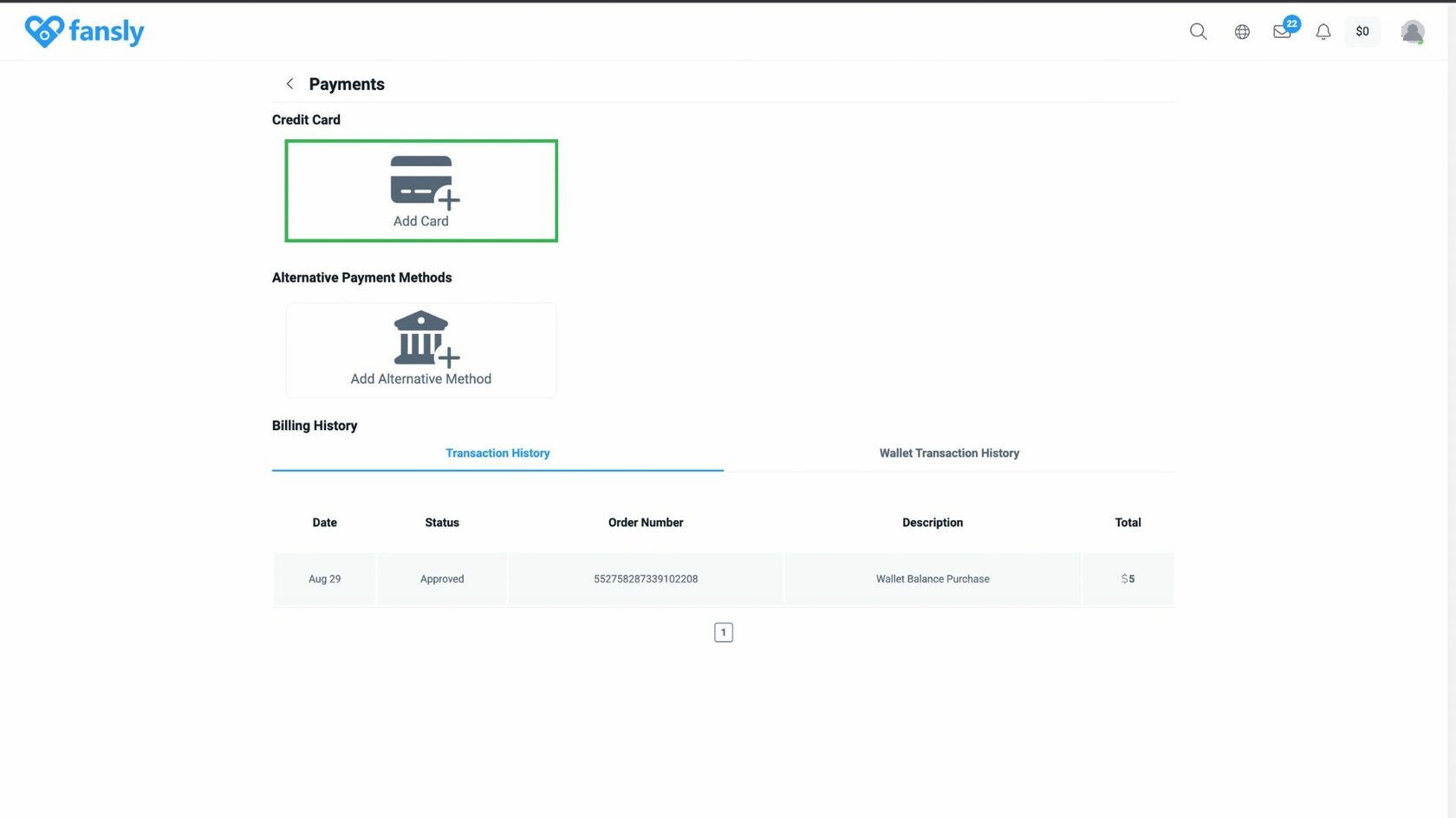 Меню профиля Fansly — кнопка Add Payment Method