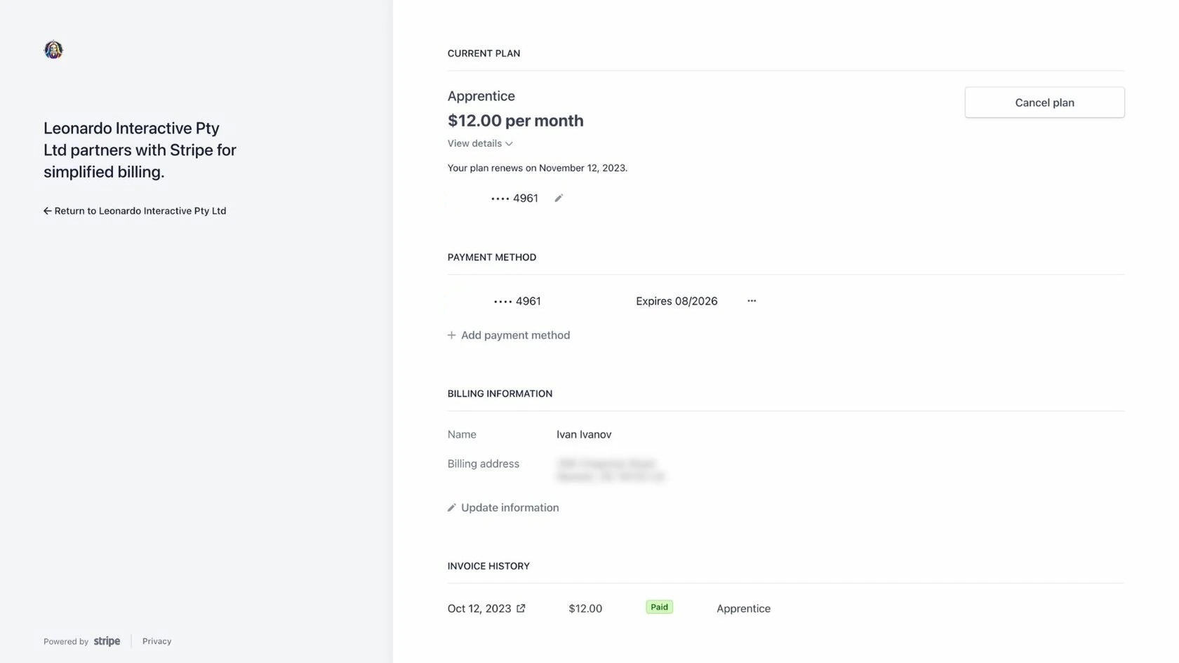 Страница управления подпиской Leonardo AI в Stripe: тариф Apprentice $12/мес, привязанная карта и история счетов