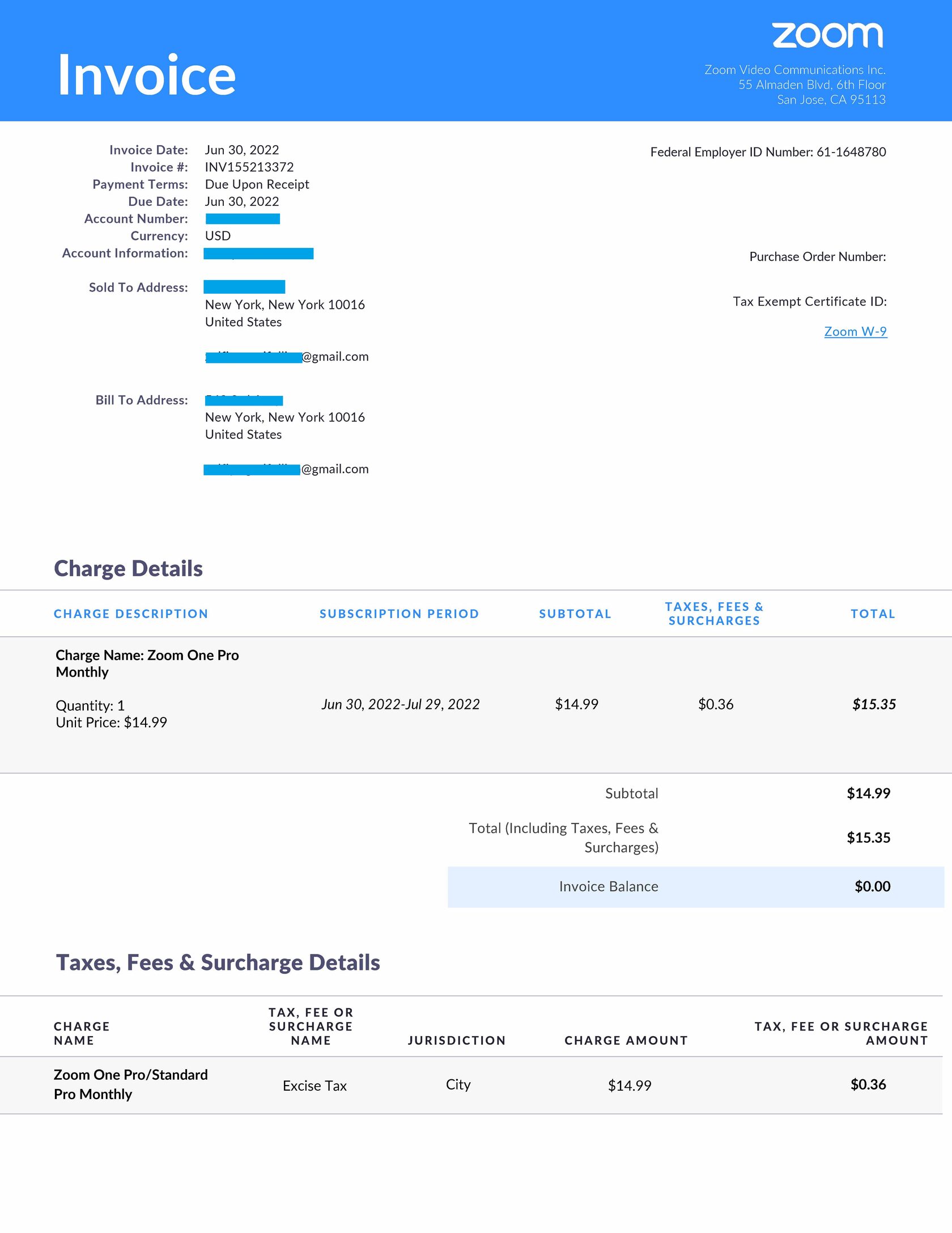 Счёт-фактура (Invoice) от Zoom — подтверждение оплаты подписки