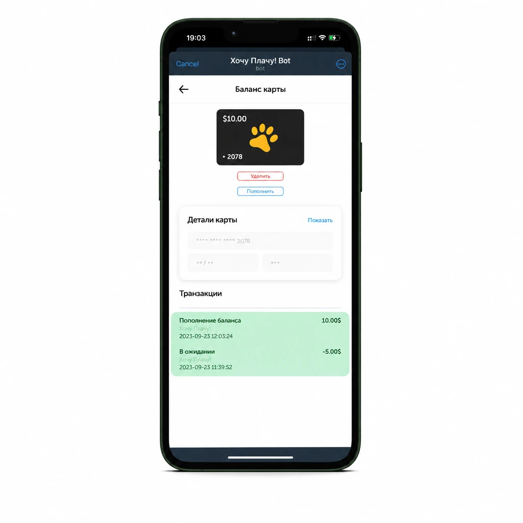 История транзакций в мини-приложении Хочу Плачу! — списание за Fansly