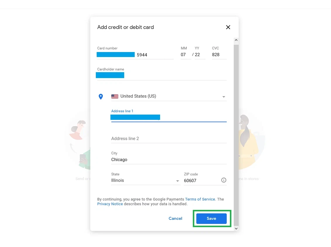 Форма добавления новой карты в Google — ввод биллингового адреса