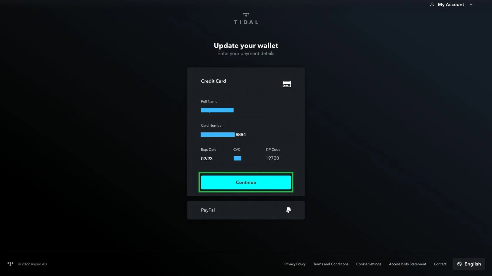 Форма ввода данных карты в Tidal