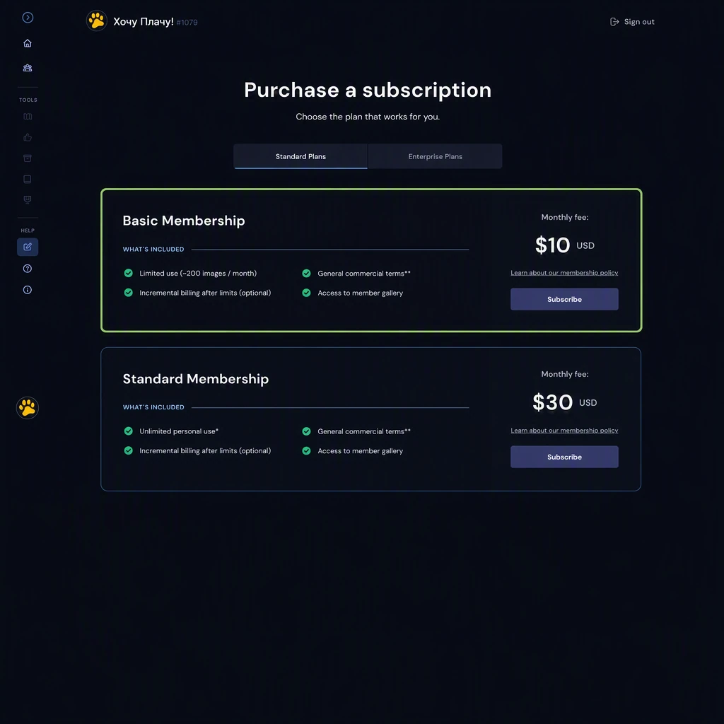 Выбор тарифного плана Midjourney Basic Membership за $10