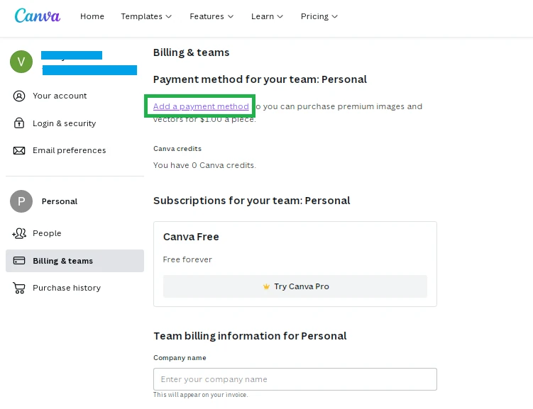Подтверждение удаления карты в Canva — кнопка Add payment method
