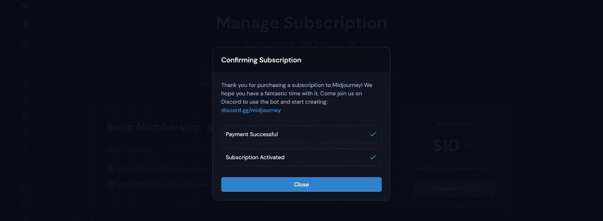Подтверждение успешной оплаты подписки Midjourney
