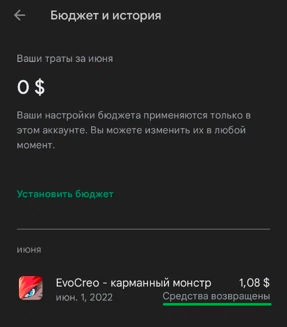 Успешный возврат платежа Google Play