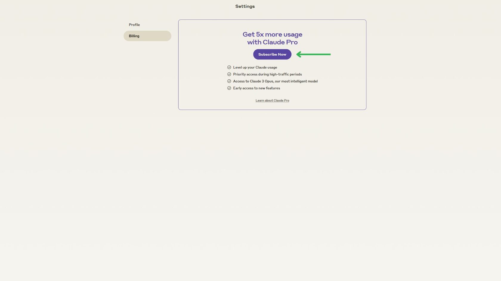 Настройки аккаунта Claude.ai — раздел оформления подписки Claude Pro
