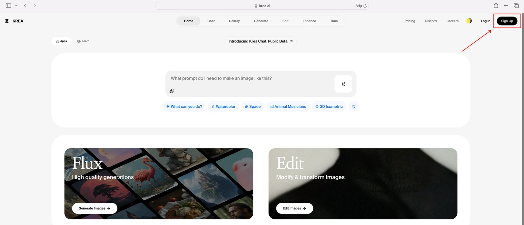 Кнопка Sign Up на сайте KREA AI
