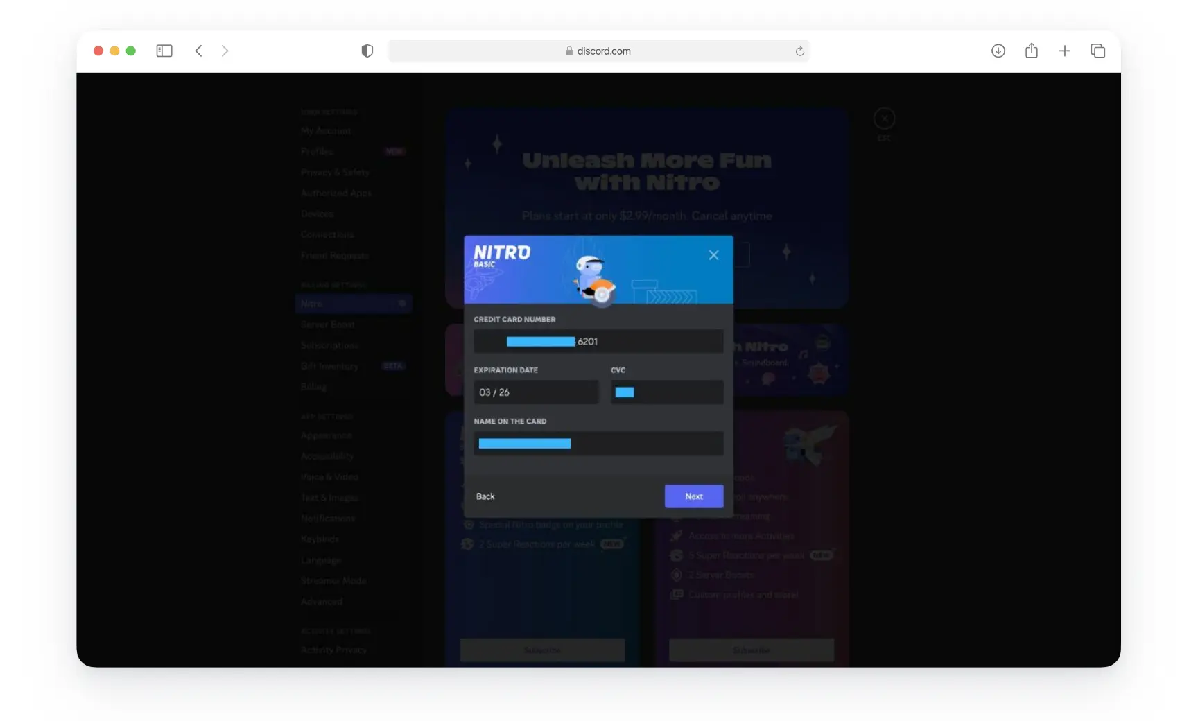 Проверка данных карты перед оплатой Discord Nitro
