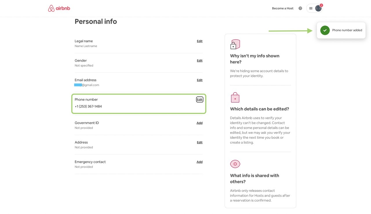 Сообщение об успешной верификации номера на Airbnb