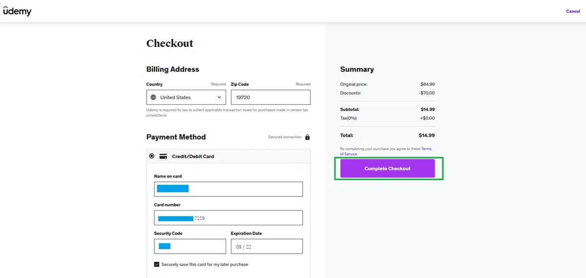 Форма Checkout на Udemy — Billing Address и Payment Method