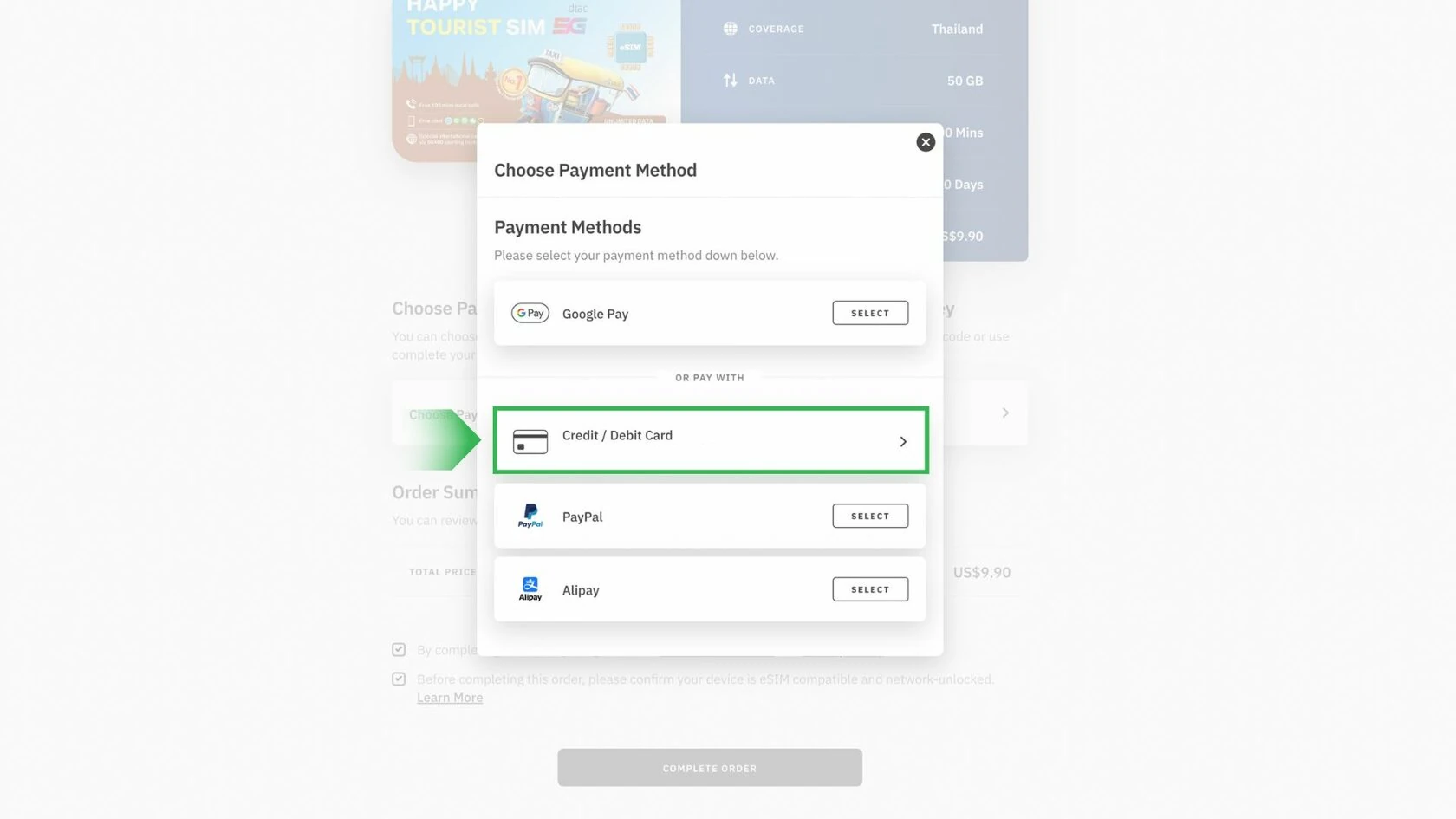 Экран выбора способа оплаты в Airalo — Credit/Debit Card