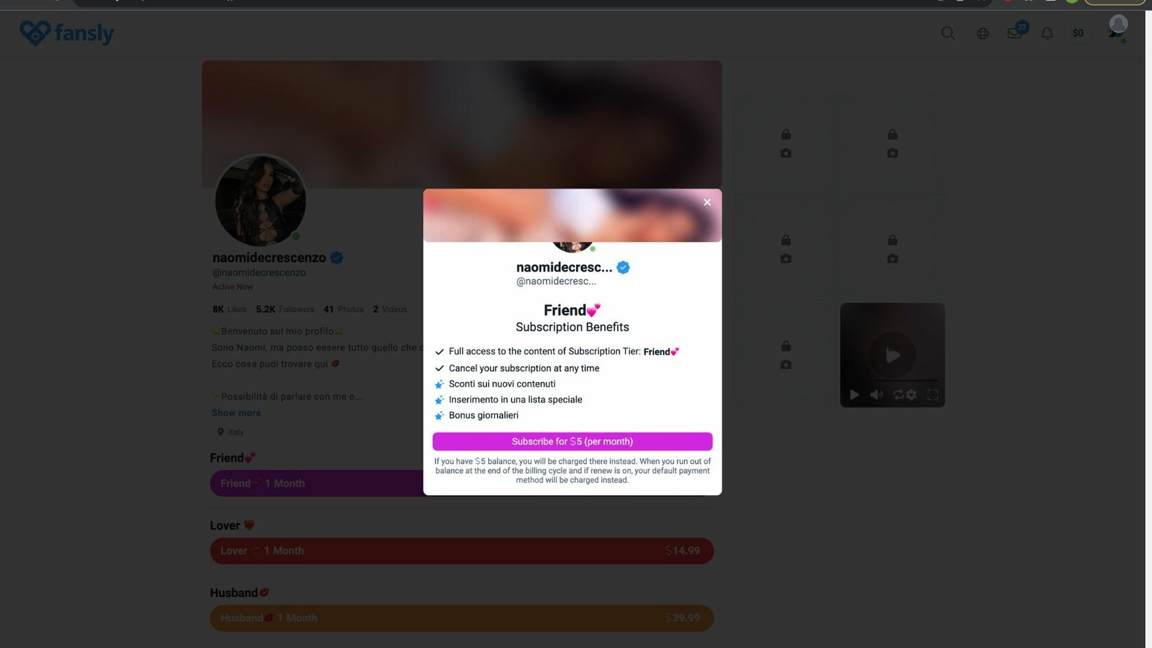 Экран подтверждения подписки на Fansly с предупреждением об автопродлении