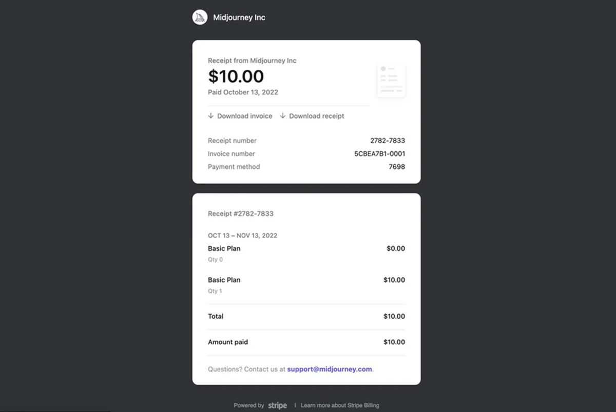 Email-уведомление об успешной оплате подписки Midjourney