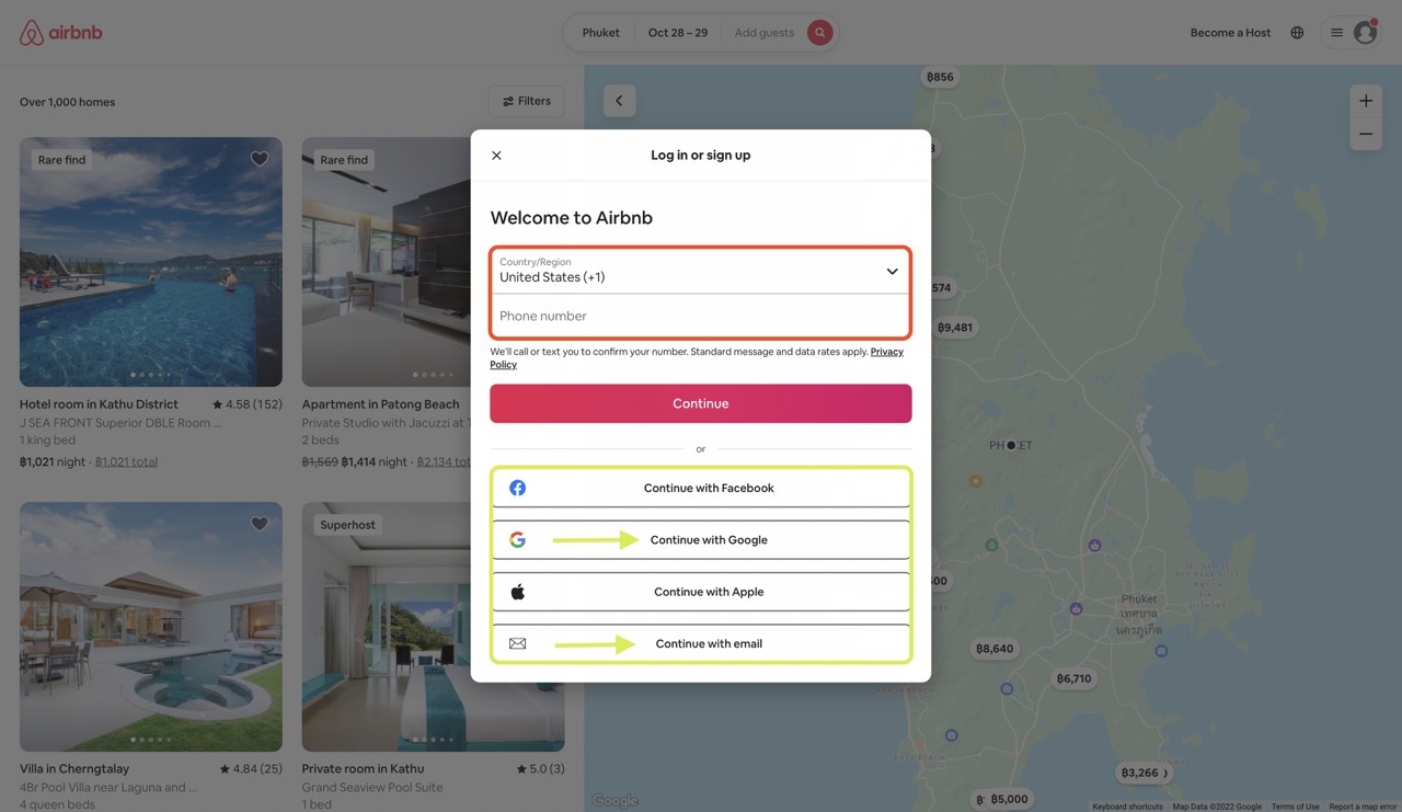 Экран выбора способа регистрации на Airbnb: email, Google, Apple