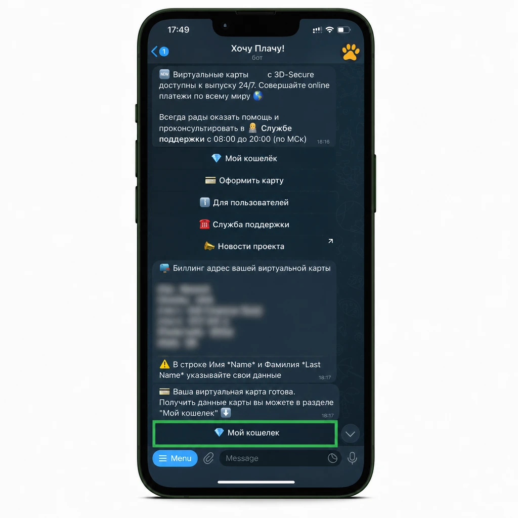 Меню Telegram-бота Хочу Плачу! с кнопками: Оформить карту, Мой кошелёк, Служба поддержки