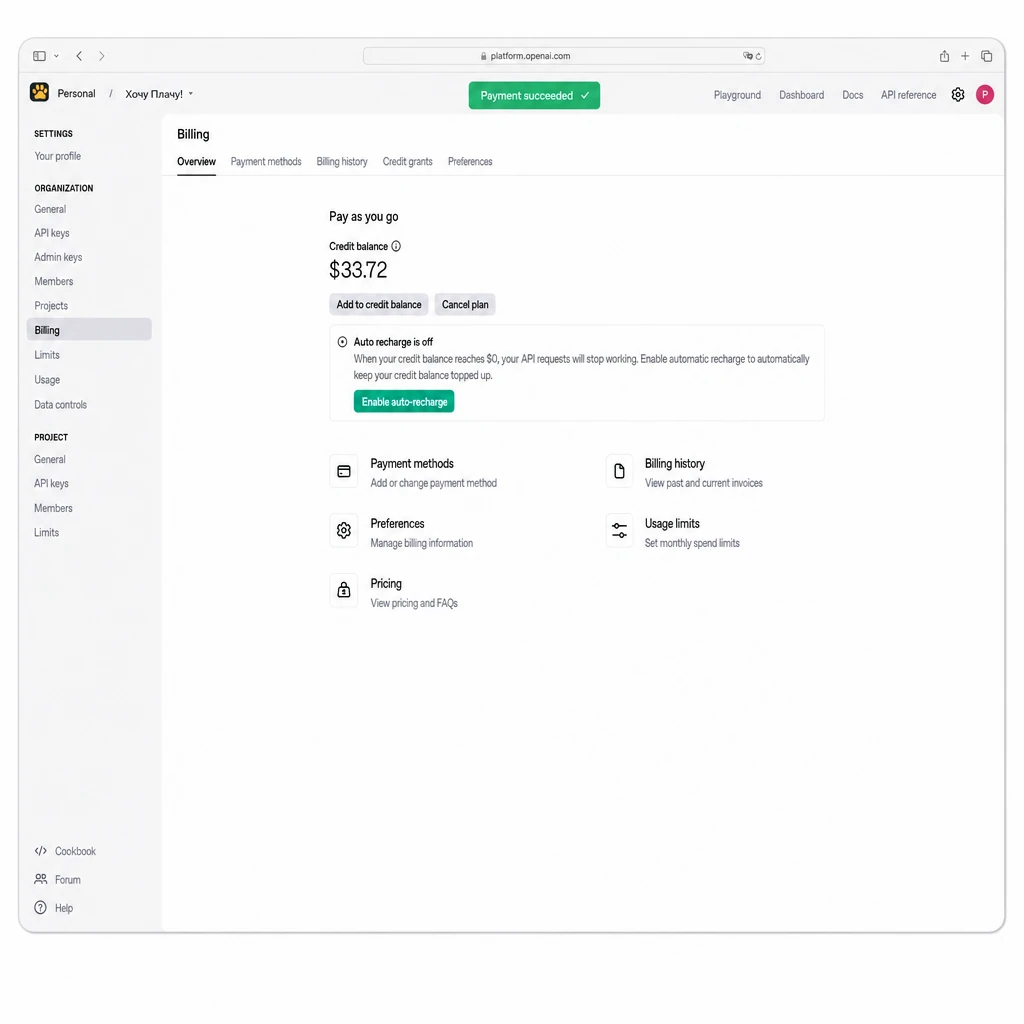 Страница Billing на OpenAI Platform — обзор баланса и разделы Payment methods, Billing history