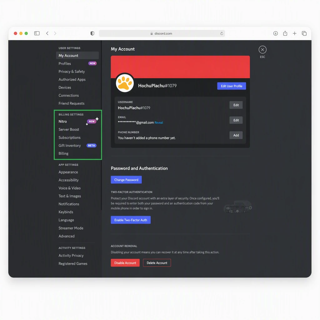 Форма ввода данных карты для оплаты Discord Nitro