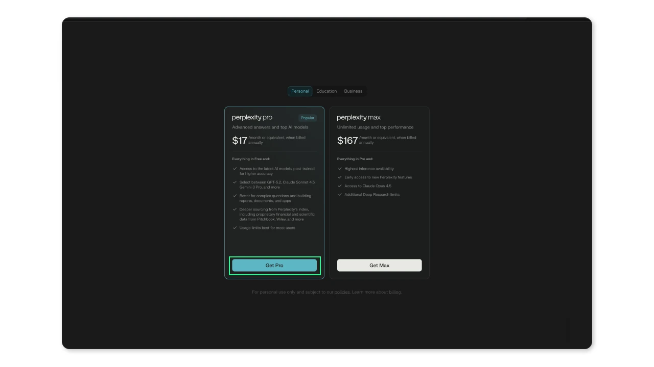 Страница тарифов Perplexity AI (Personal): карточки Pro за $17/мес и Max за $167/мес, кнопка Get Pro выделена