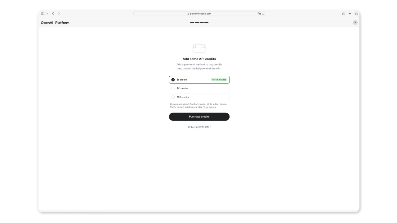 Окно выбора номинала кредитов OpenAI — варианты 5$, 10$, 20$
