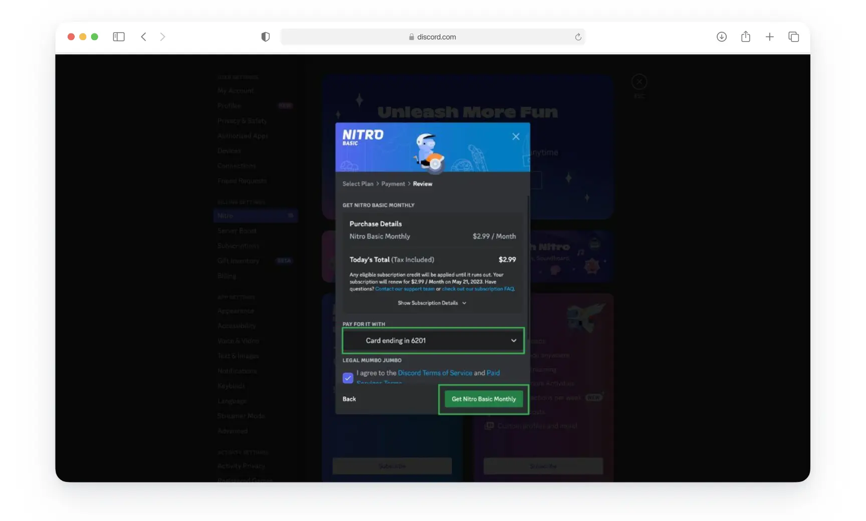Активная подписка Discord Nitro в разделе Subscription