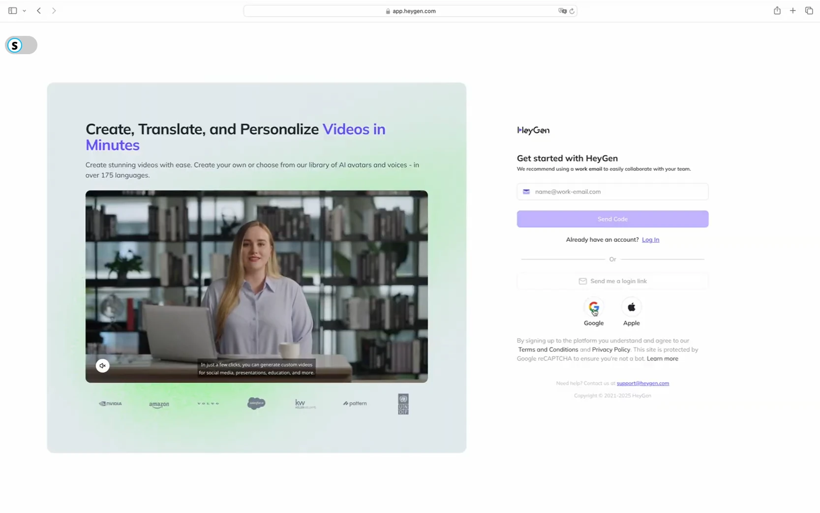 Страница регистрации HeyGen — форма Sign Up с вариантами через email, Google и Apple
