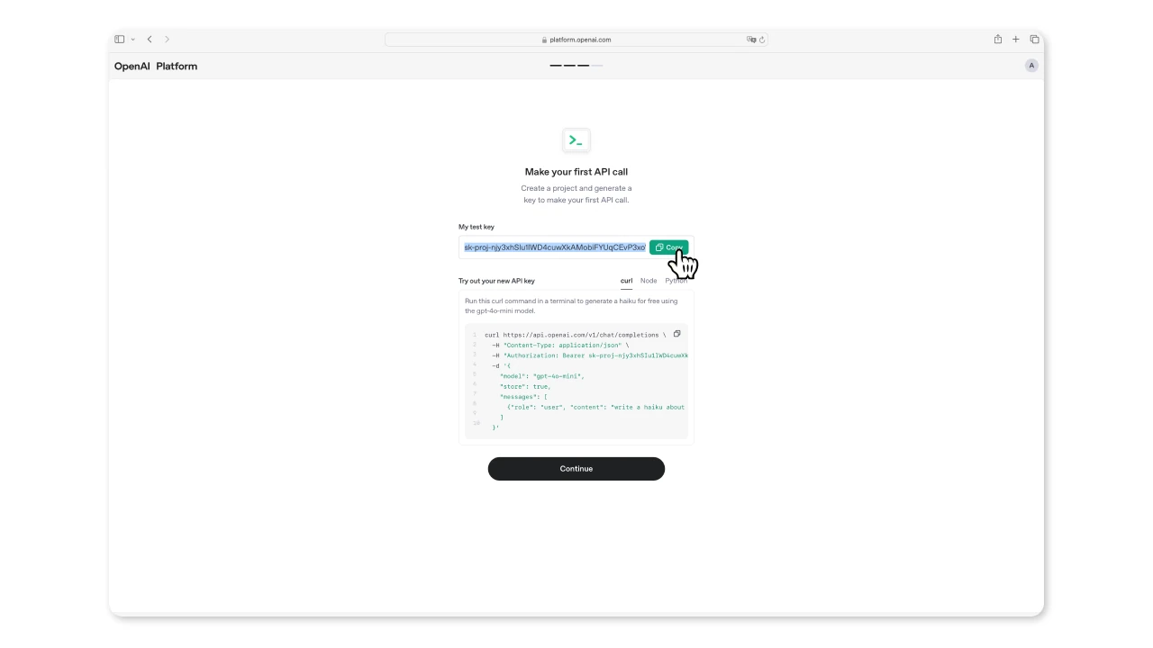 Страница с созданным API ключом OpenAI — кнопка Copy