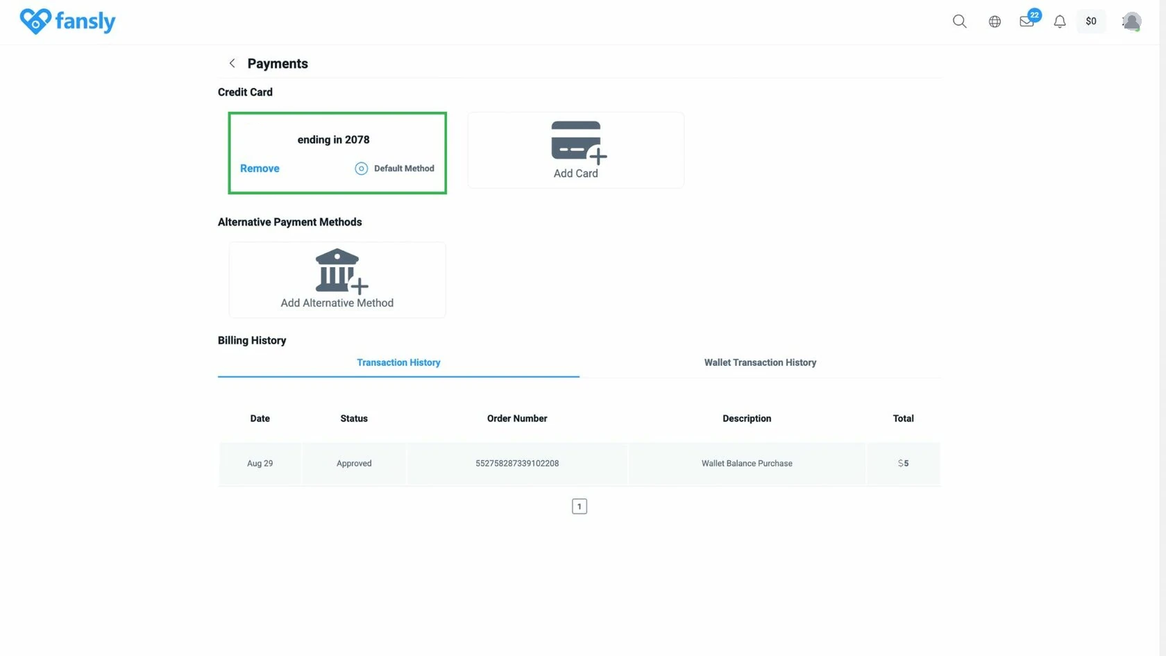 Страница Payments на Fansly с привязанной картой и кнопкой Add Card