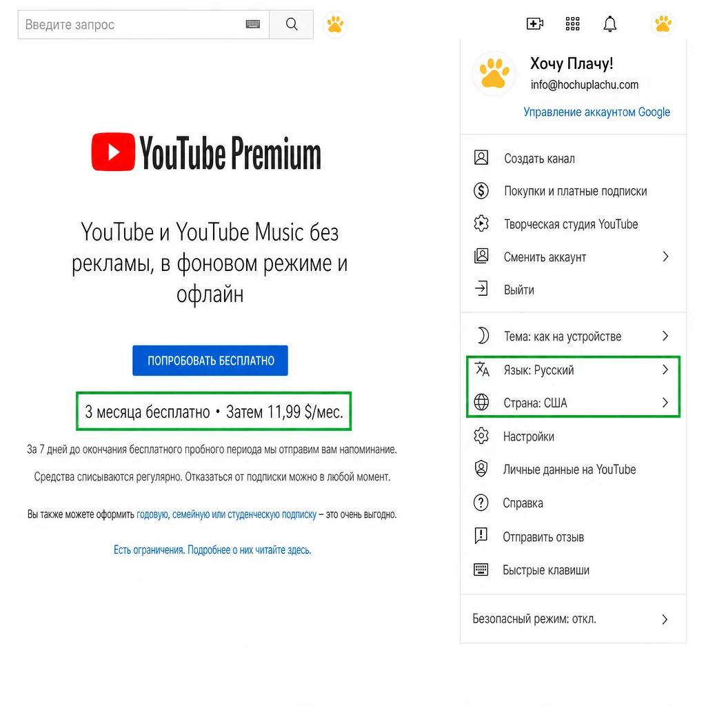 Страница YouTube Premium с предложением 3 месяцев бесплатного периода и кнопкой «Попробовать бесплатно»