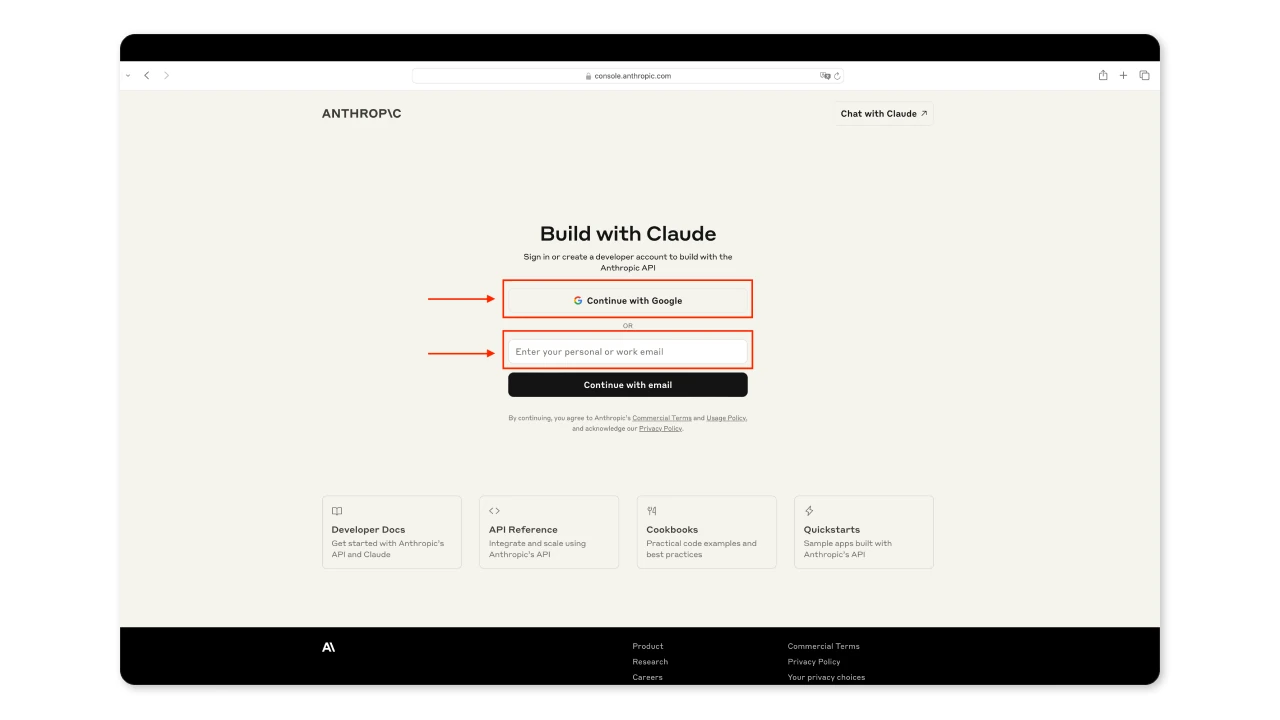 Страница авторизации на console.anthropic.com
