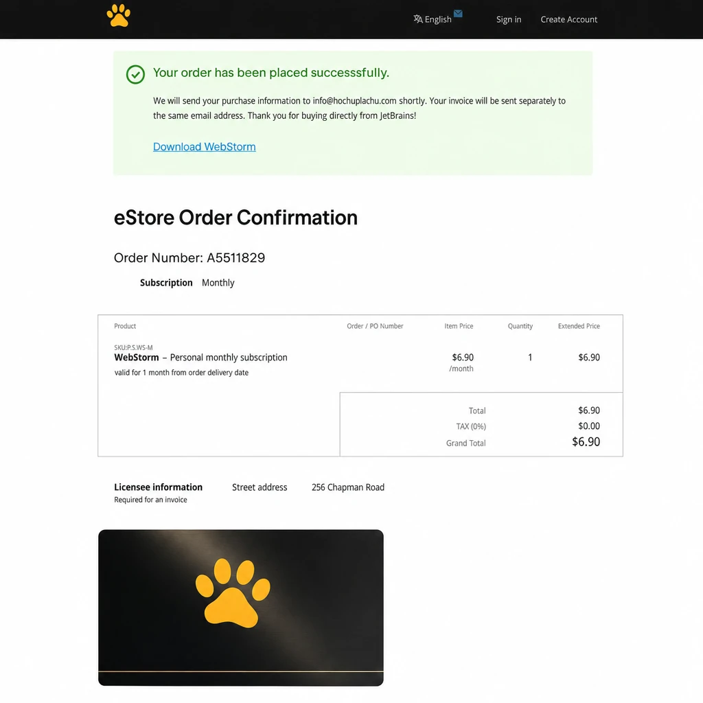 Подтверждение успешной покупки лицензии JetBrains — подписка активирована