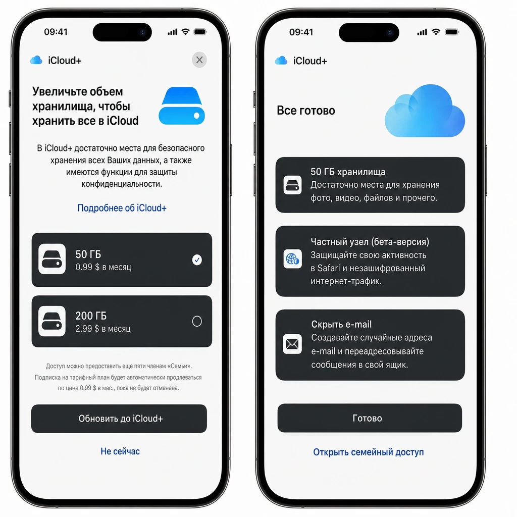 Выбор тарифа iCloud 50 ГБ и кнопка оплаты