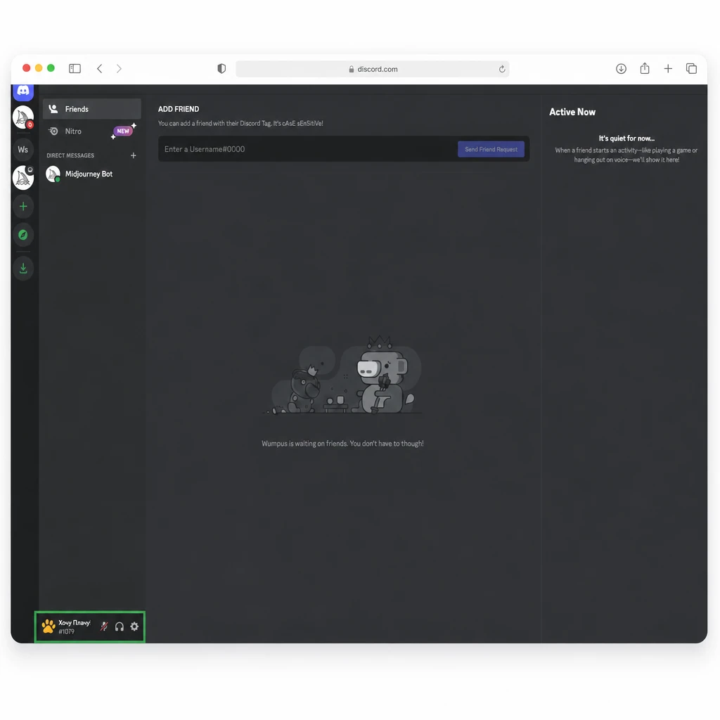 Экран добавления друга в Discord — аккаунт Хочу Плачу!#1079 в левом нижнем углу