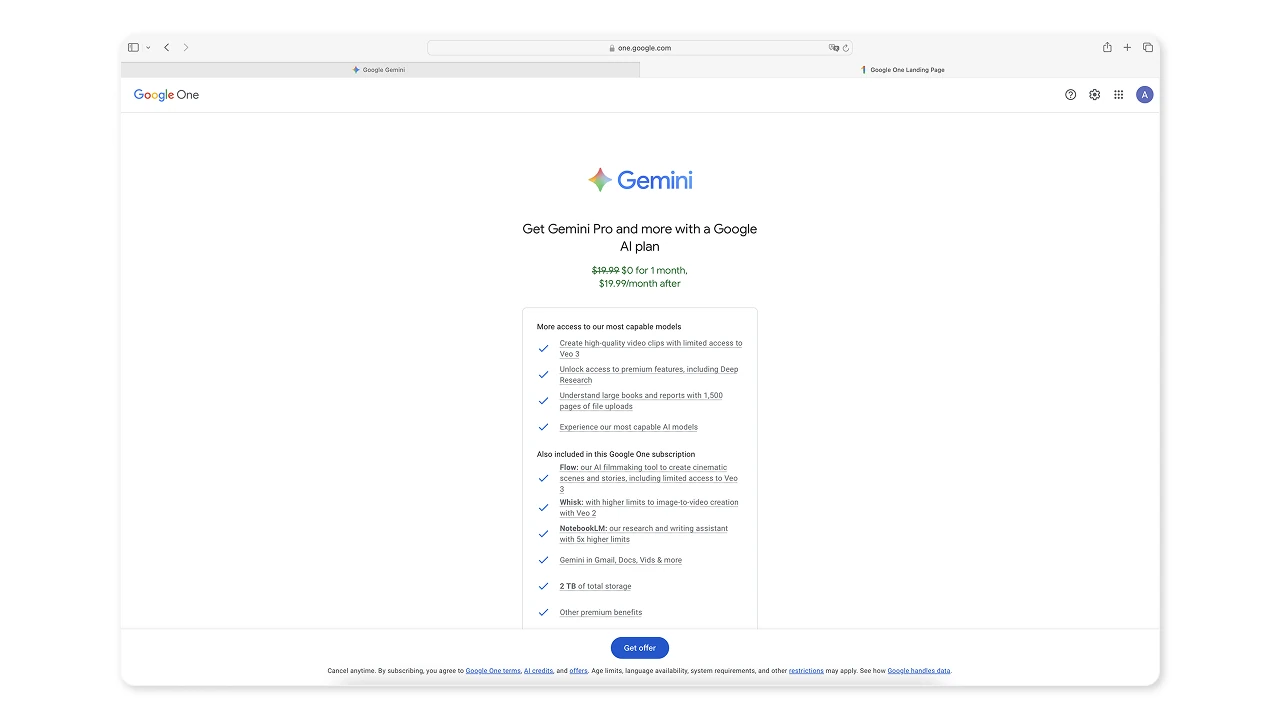 Страница выбора тарифа Google One