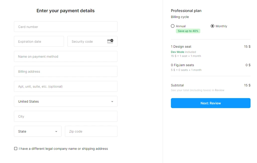 Форма ввода платёжных данных Figma: Professional plan, $15/месяц